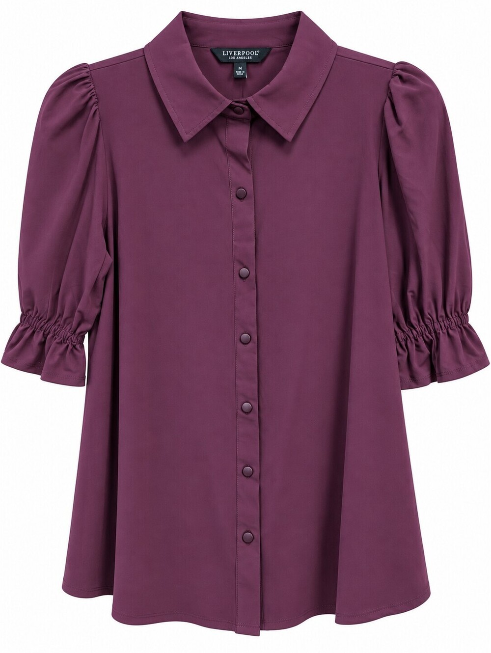 Liverpool Elbow Puff Sleeve Snap Front Knit Shirt Burgundy M